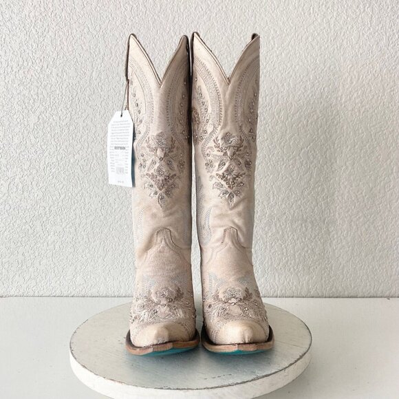 Lane Santorini White Cowboy Boots Womens 6.5 Western Wedding Snip Toe Tall Bling - Picture 6 of 12